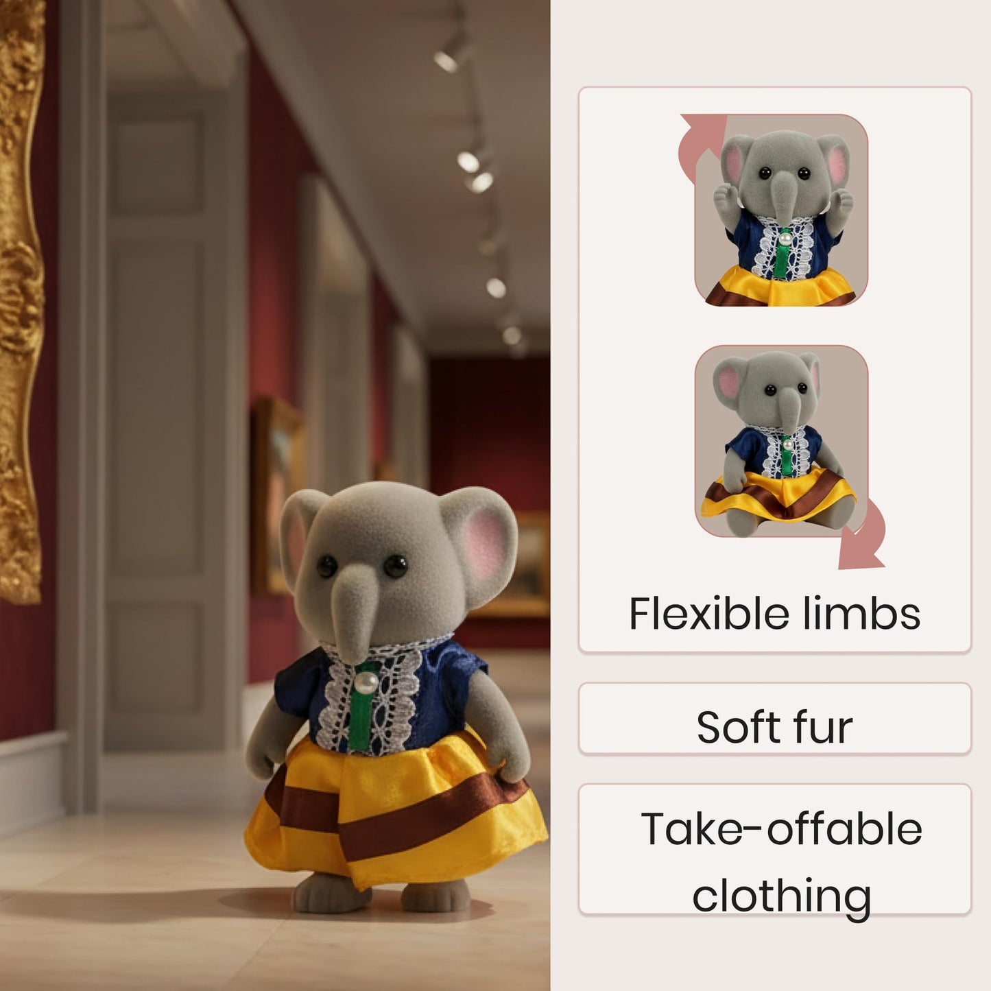 OLEOCA Belmont Family Gray Elephant Figures — 3-Piece Flocked Mini Dolls with Removable Outfits