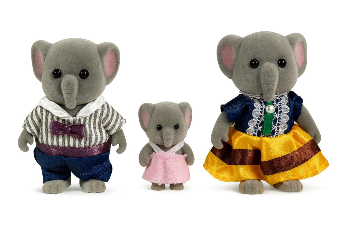 OLEOCA Belmont Family Gray Elephant Figures — 3-Piece Flocked Mini Dolls with Removable Outfits