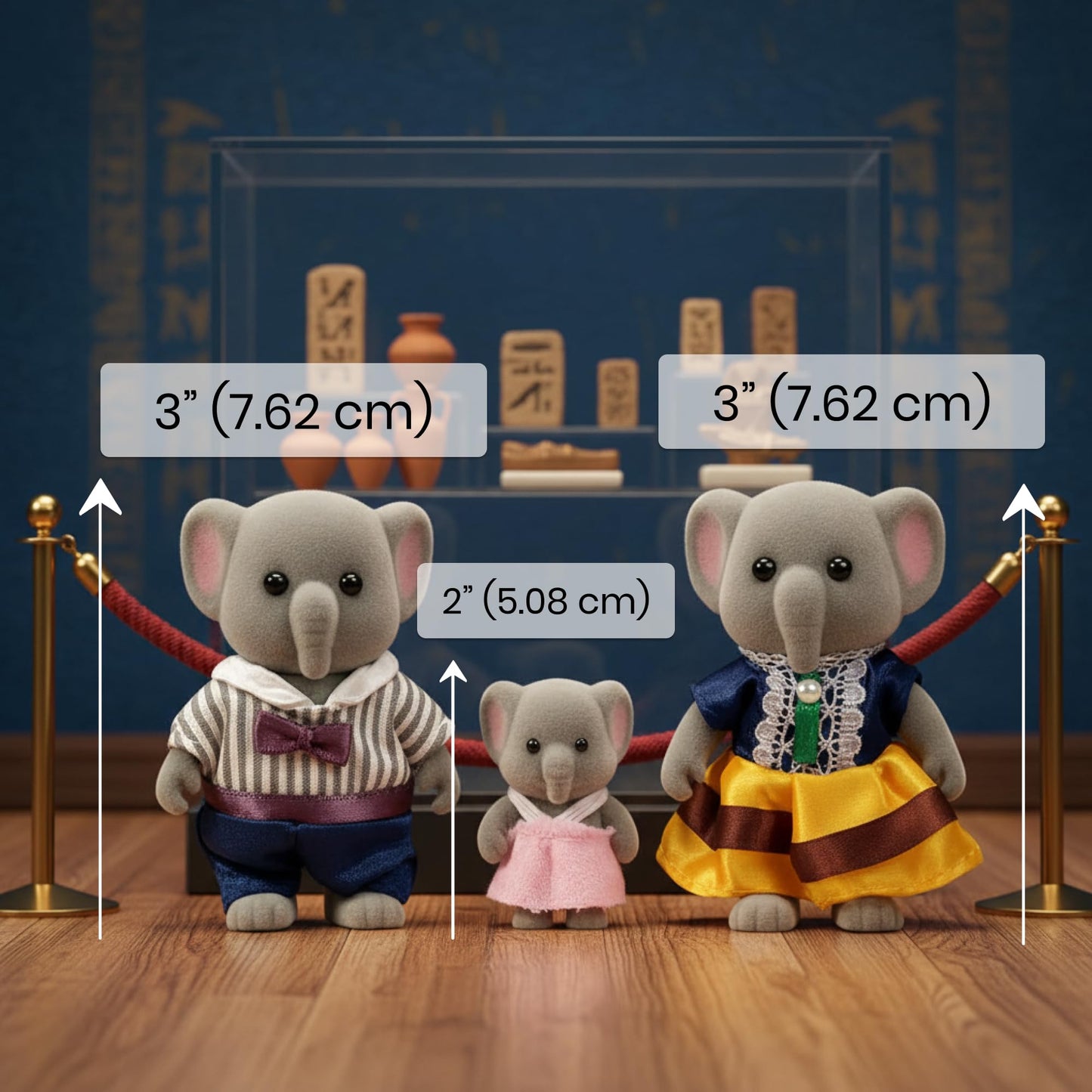 OLEOCA Belmont Family Gray Elephant Figures — 3-Piece Flocked Mini Dolls with Removable Outfits
