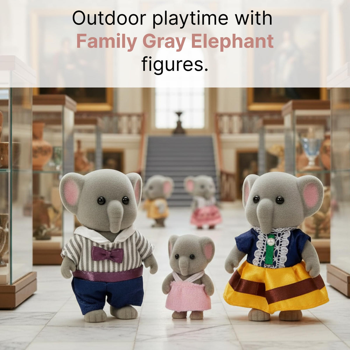 OLEOCA Belmont Family Gray Elephant Figures — 3-Piece Flocked Mini Dolls with Removable Outfits