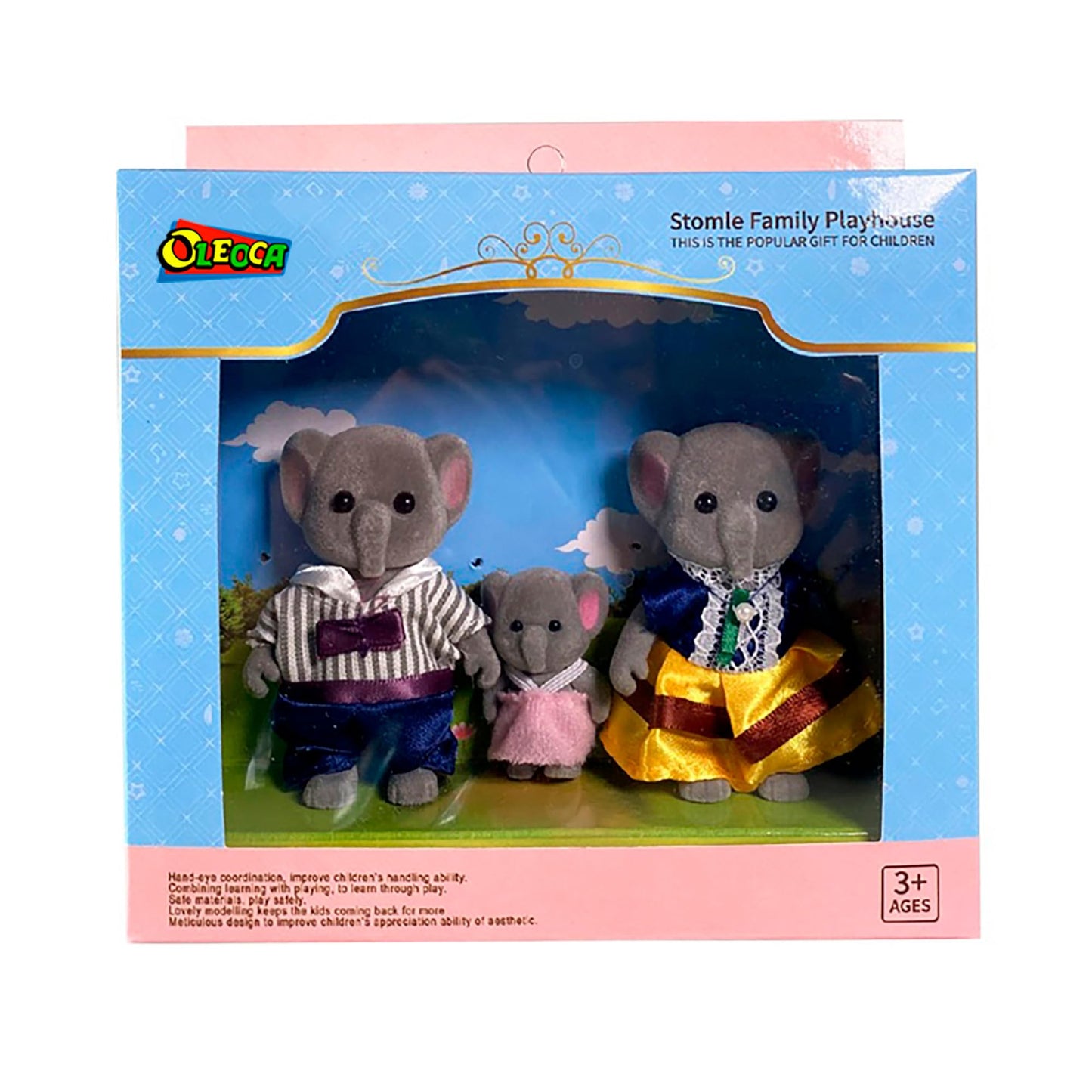 OLEOCA Belmont Family Gray Elephant Figures — 3-Piece Flocked Mini Dolls with Removable Outfits