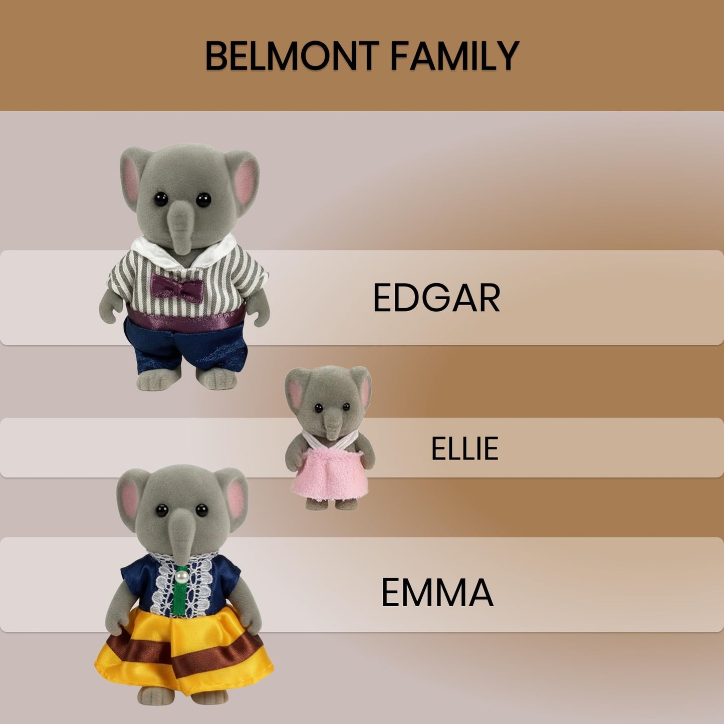 OLEOCA Belmont Family Gray Elephant Figures — 3-Piece Flocked Mini Dolls with Removable Outfits
