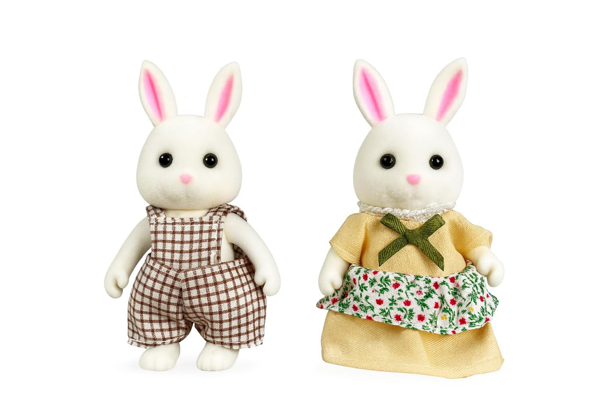 OLEOCA Cloverlane Family White Rabbit Figures — 2 Flocked Mini Dolls with Removable Clothes