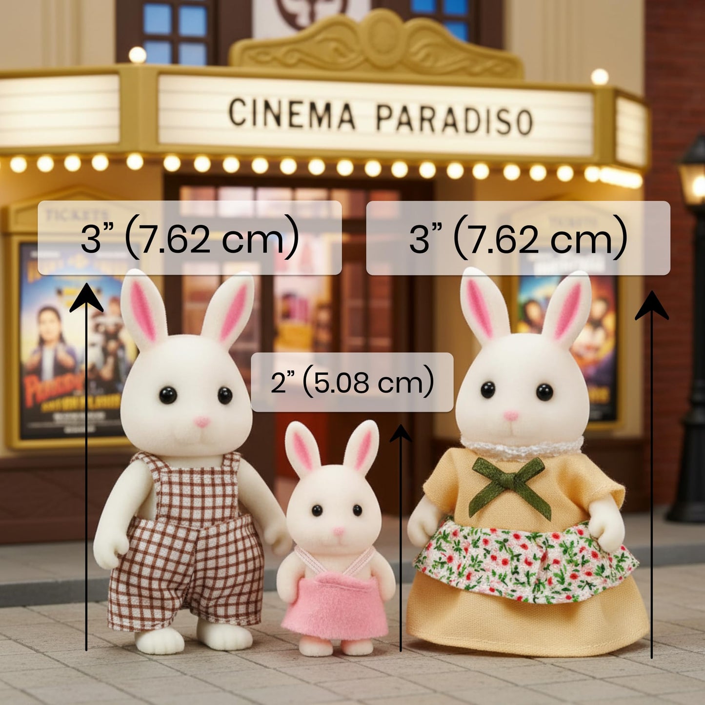 OLEOCA Cloverlane Family White Rabbit Figures — 3-Pack Flocked Mini Dolls with Removable Clothes