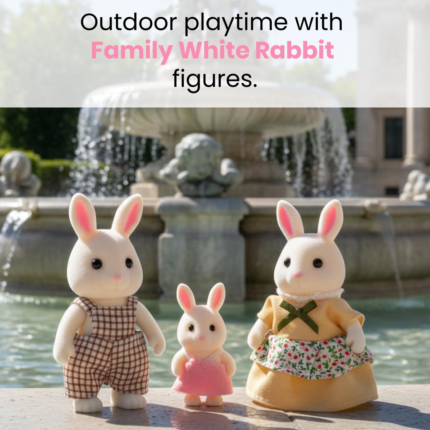 OLEOCA Cloverlane Family White Rabbit Figures — 3-Pack Flocked Mini Dolls with Removable Clothes