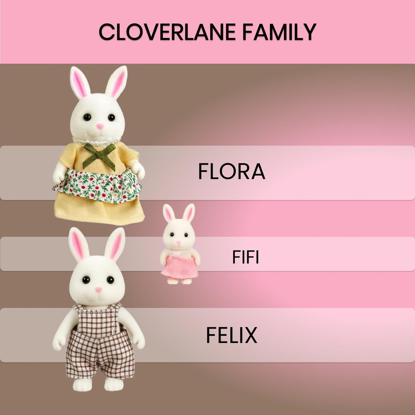 OLEOCA Cloverlane Family White Rabbit Figures — 3-Pack Flocked Mini Dolls with Removable Clothes