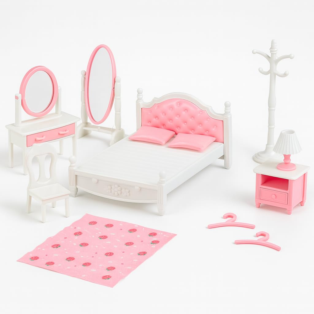 OLEOCA Family Dollhouse Bedroom Set – Bed, Vanity, Mirrors & Accessories (Ages 3+)