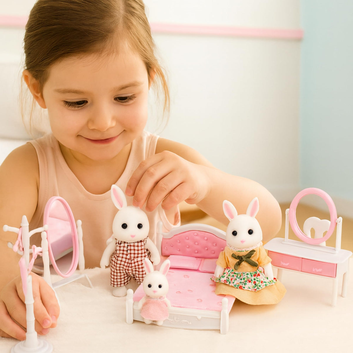 OLEOCA Family Dollhouse Bedroom Set – Bed, Vanity, Mirrors & Accessories (Ages 3+)