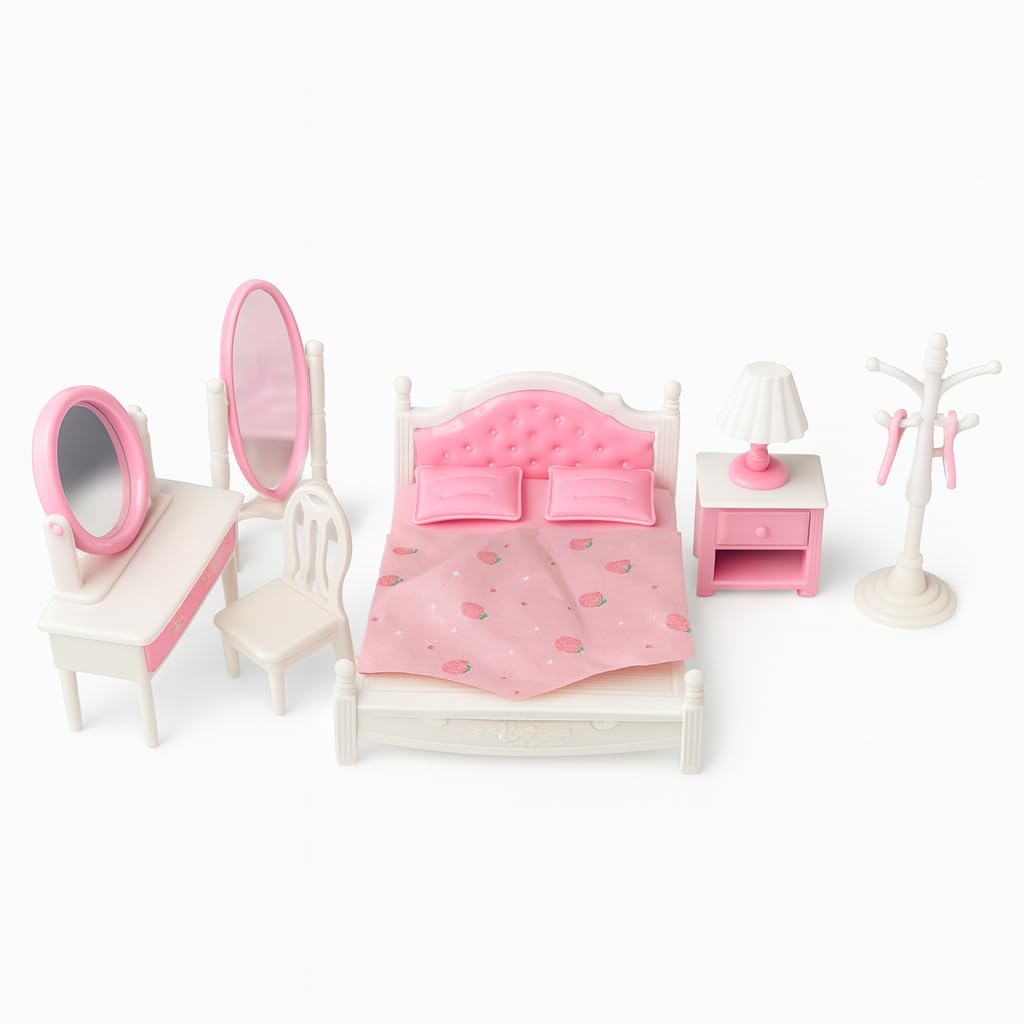 OLEOCA Family Dollhouse Bedroom Set – Bed, Vanity, Mirrors & Accessories (Ages 3+)