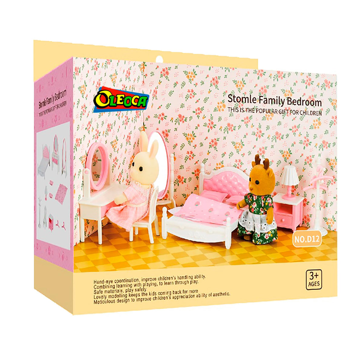 OLEOCA Family Dollhouse Bedroom Set – Bed, Vanity, Mirrors & Accessories (Ages 3+)