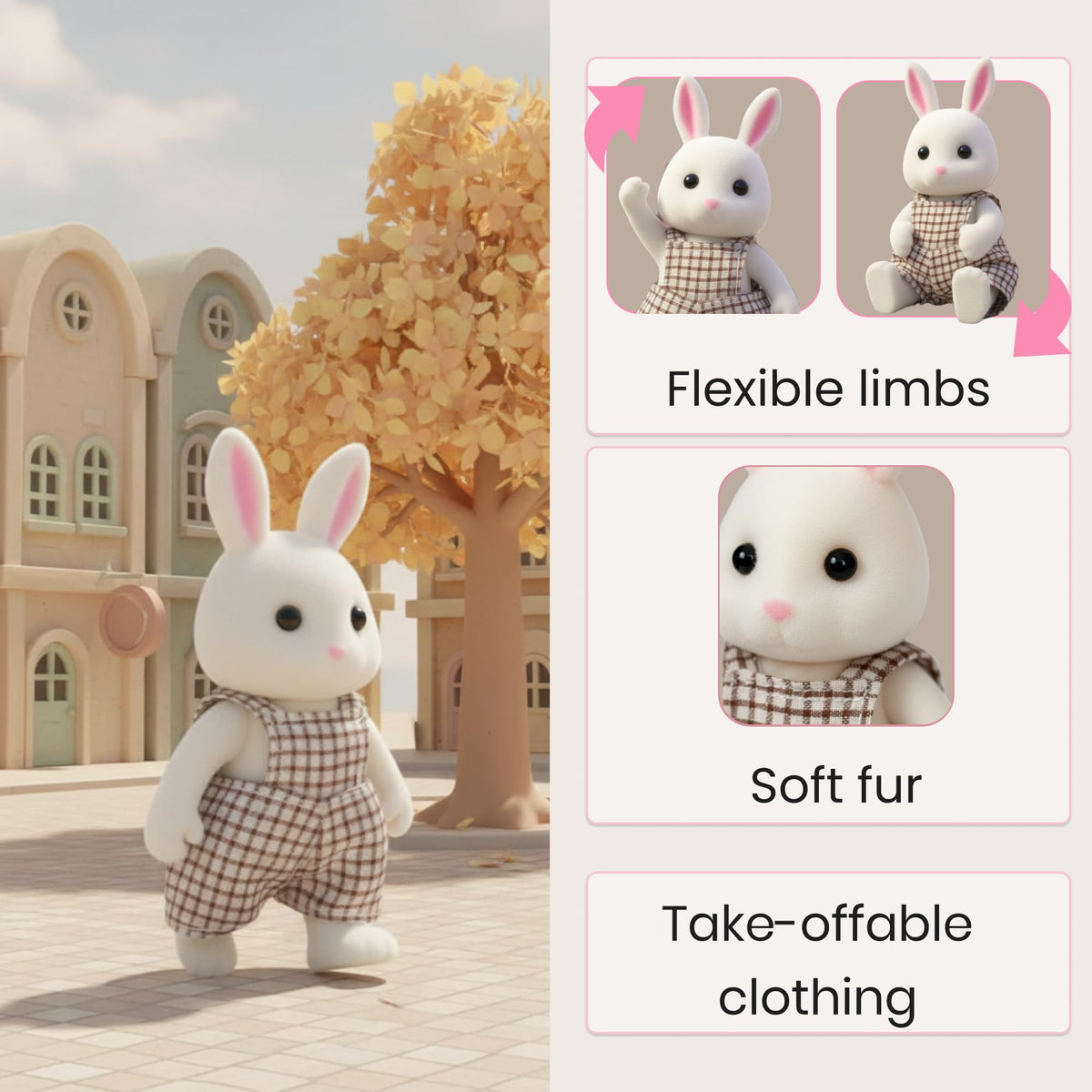 OLEOCA Cloverlane Family White Rabbit Figures — 2 Flocked Mini Dolls with Removable Clothes