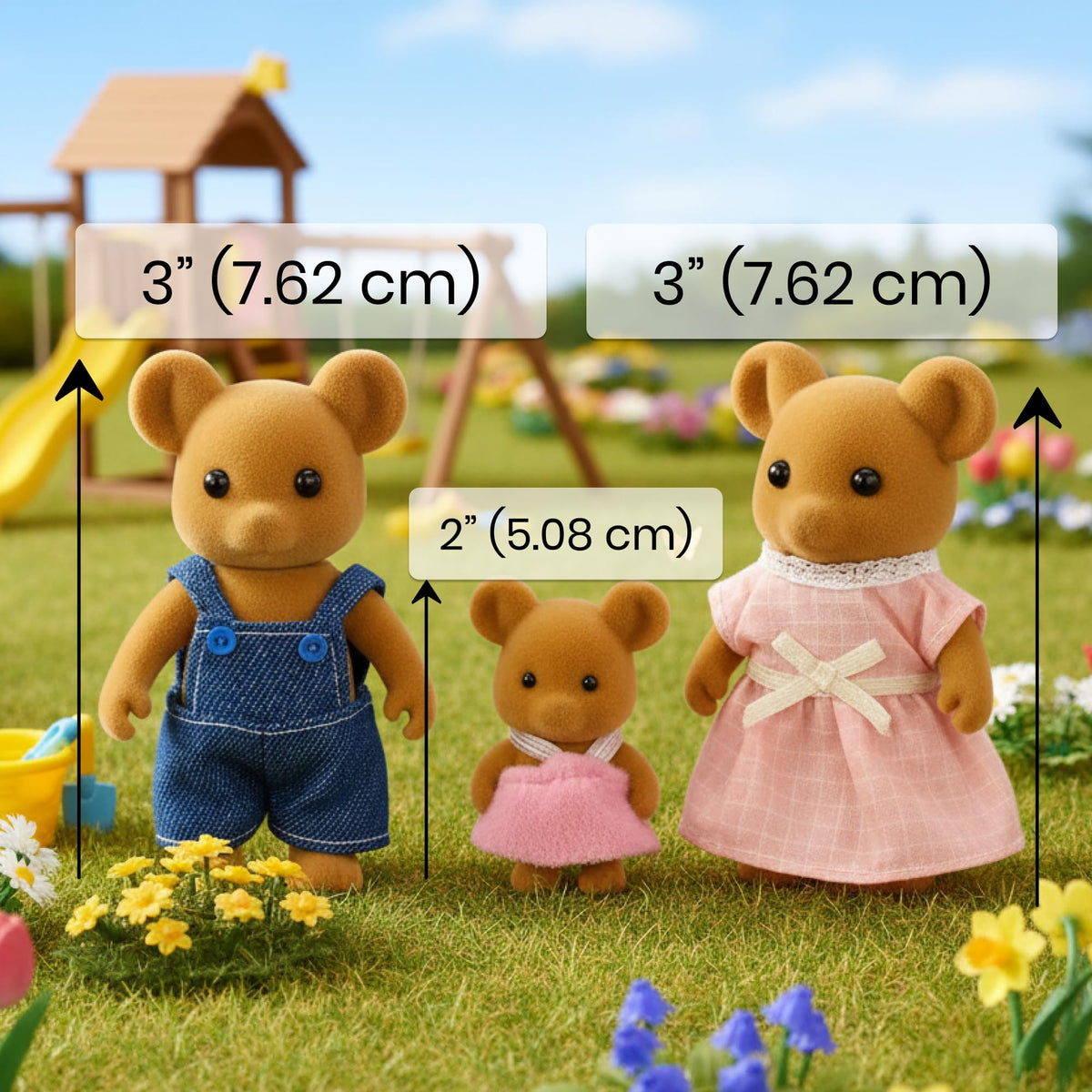 OLEOCA Family Brown Mouse Figures — 3-Piece Flocked Mini Dolls for Dollhouse Play | Ages 3+
