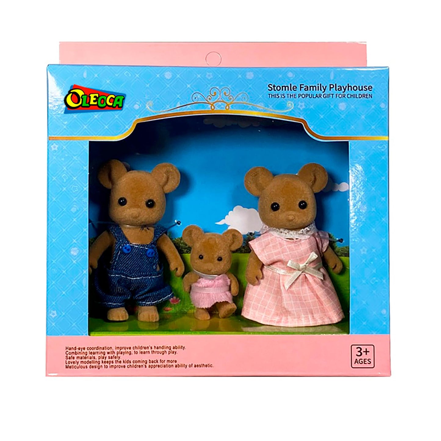 OLEOCA Family Brown Mouse Figures — 3-Piece Flocked Mini Dolls for Dollhouse Play | Ages 3+