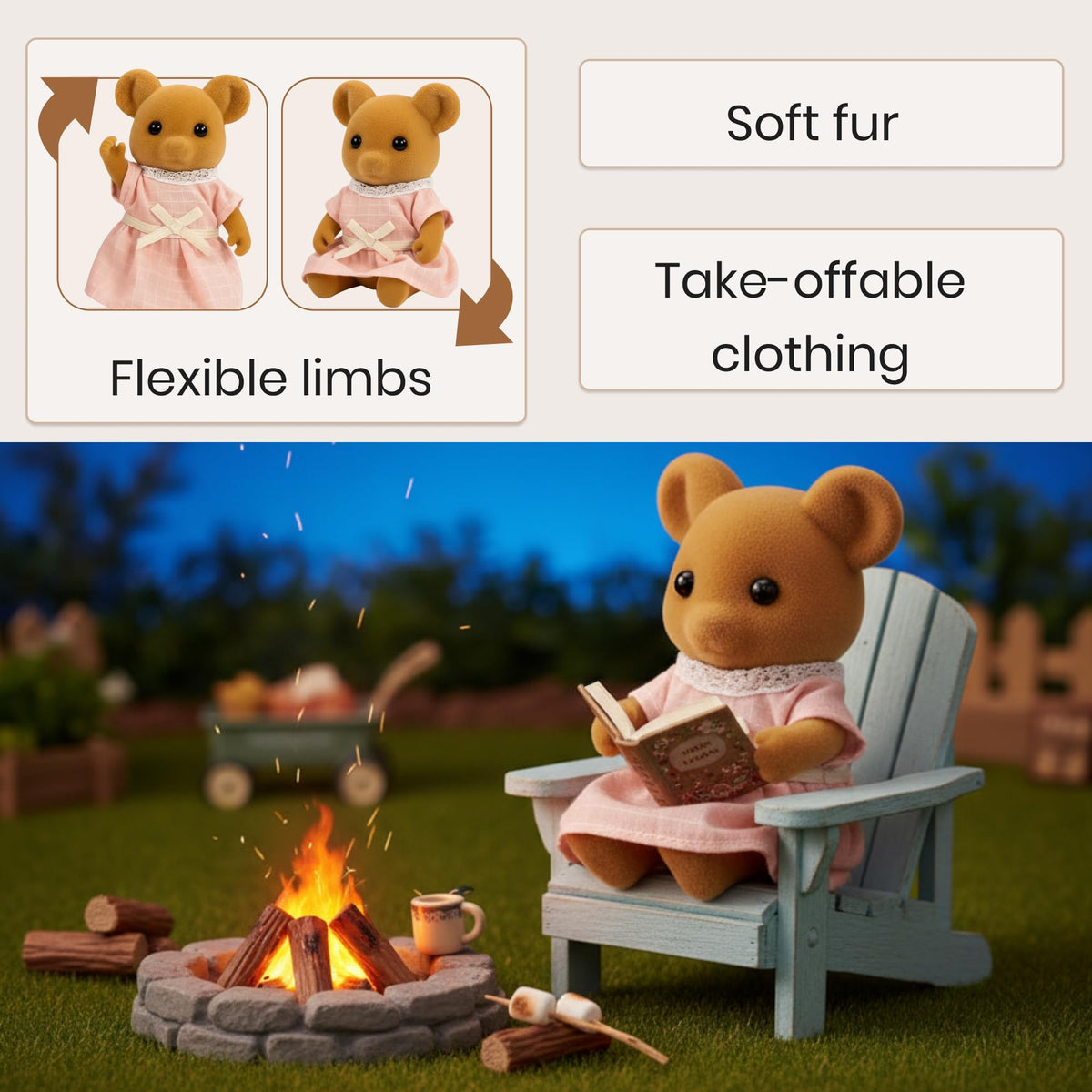 OLEOCA Family Brown Mouse Figures — 3-Piece Flocked Mini Dolls for Dollhouse Play | Ages 3+