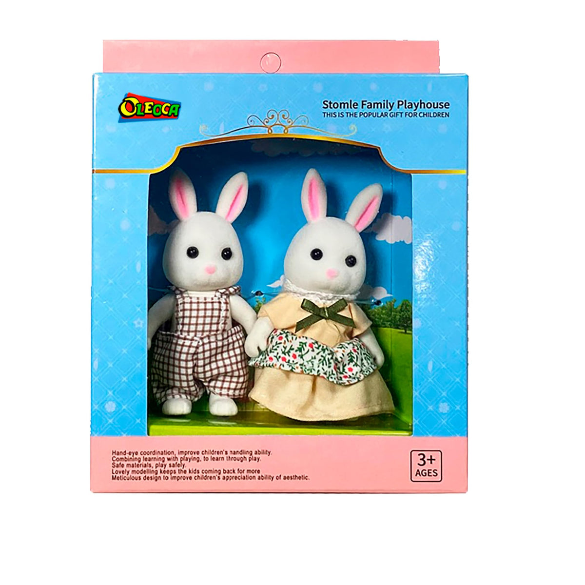 OLEOCA Cloverlane Family White Rabbit Figures — 2 Flocked Mini Dolls with Removable Clothes