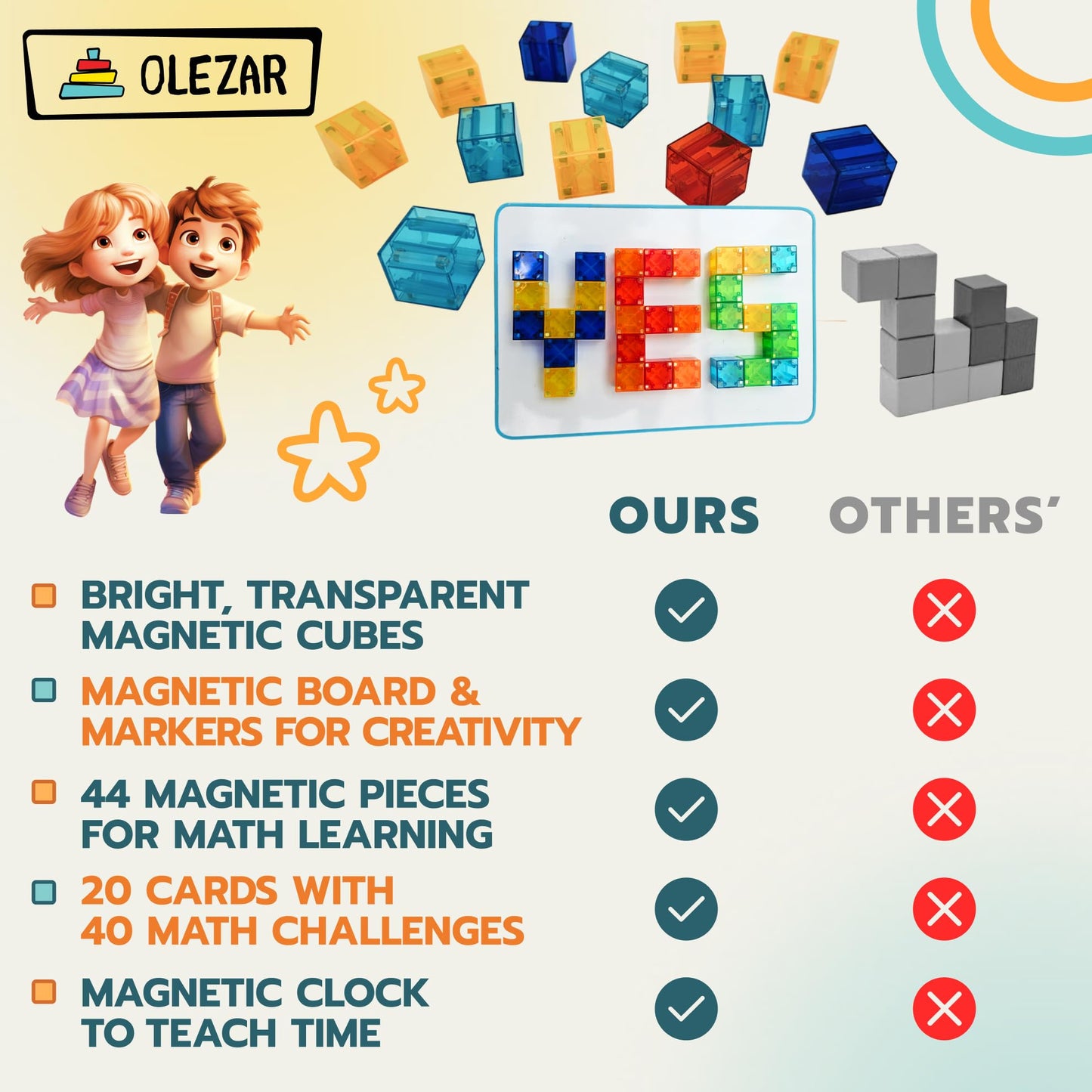 OLEZAR 40pcs Transparent Magnetic Blocks – 1-inch Cubes | 5-in-1 STEM Set with Board & Markers