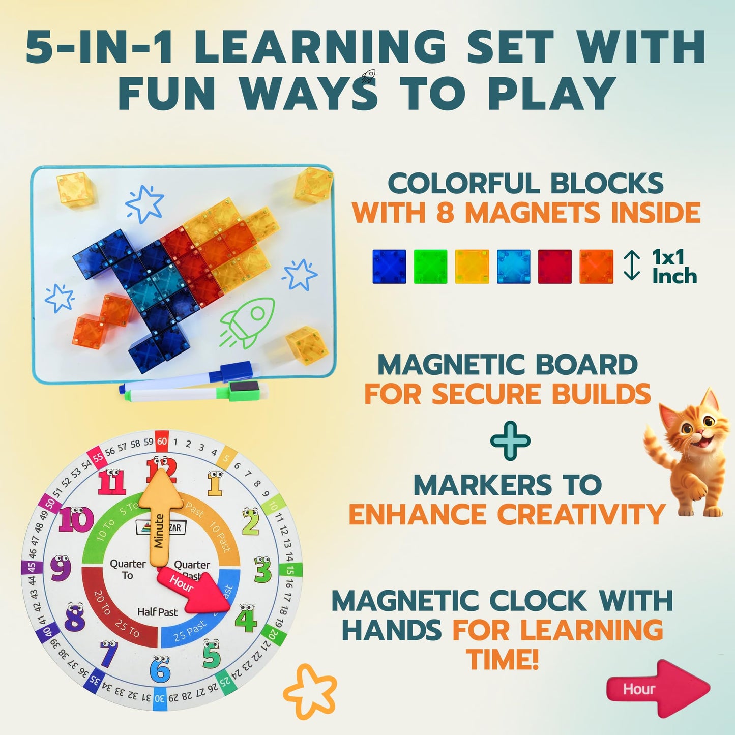 OLEZAR 40pcs Transparent Magnetic Blocks – 1-inch Cubes | 5-in-1 STEM Set with Board & Markers