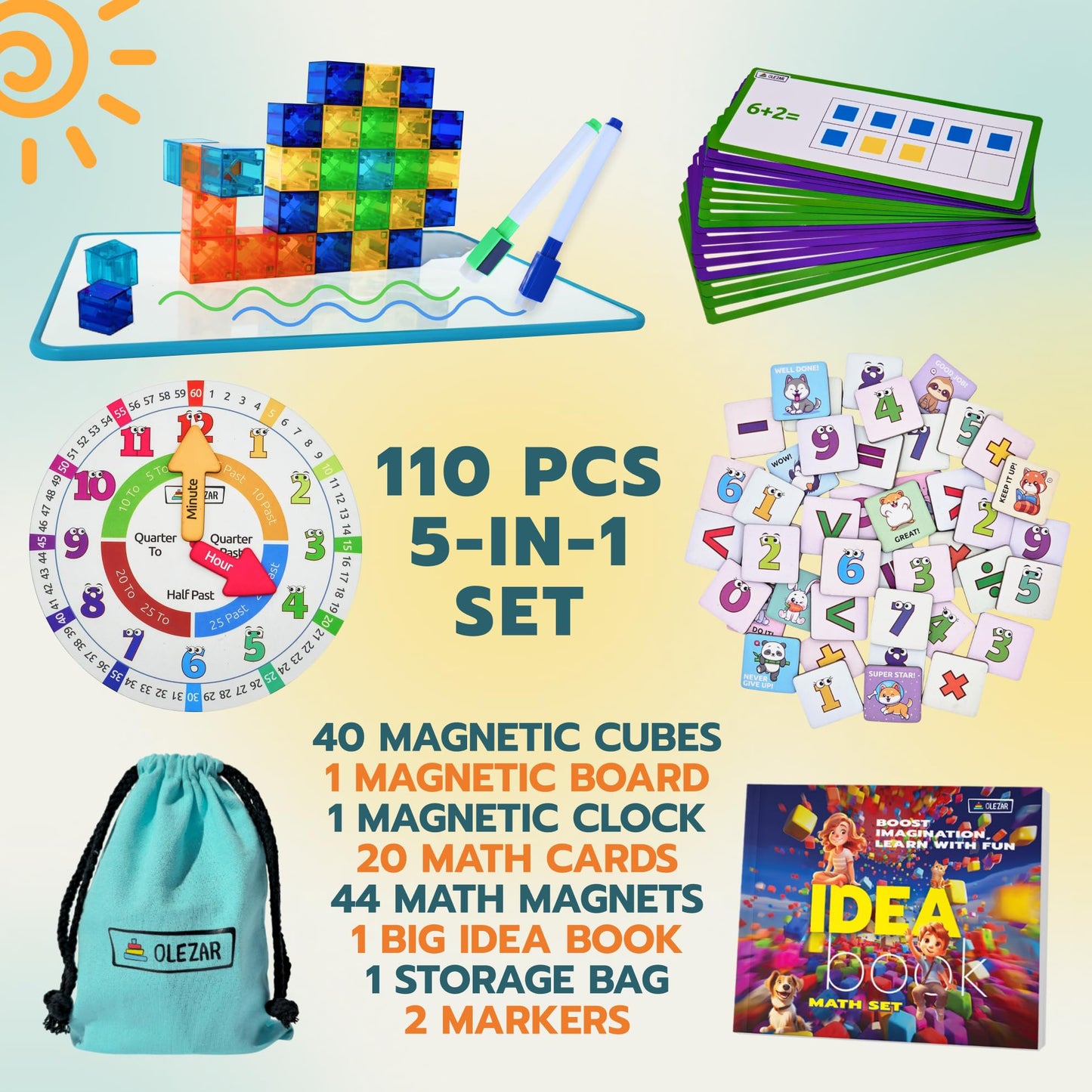OLEZAR 40pcs Transparent Magnetic Blocks – 1-inch Cubes | 5-in-1 STEM Set with Board & Markers