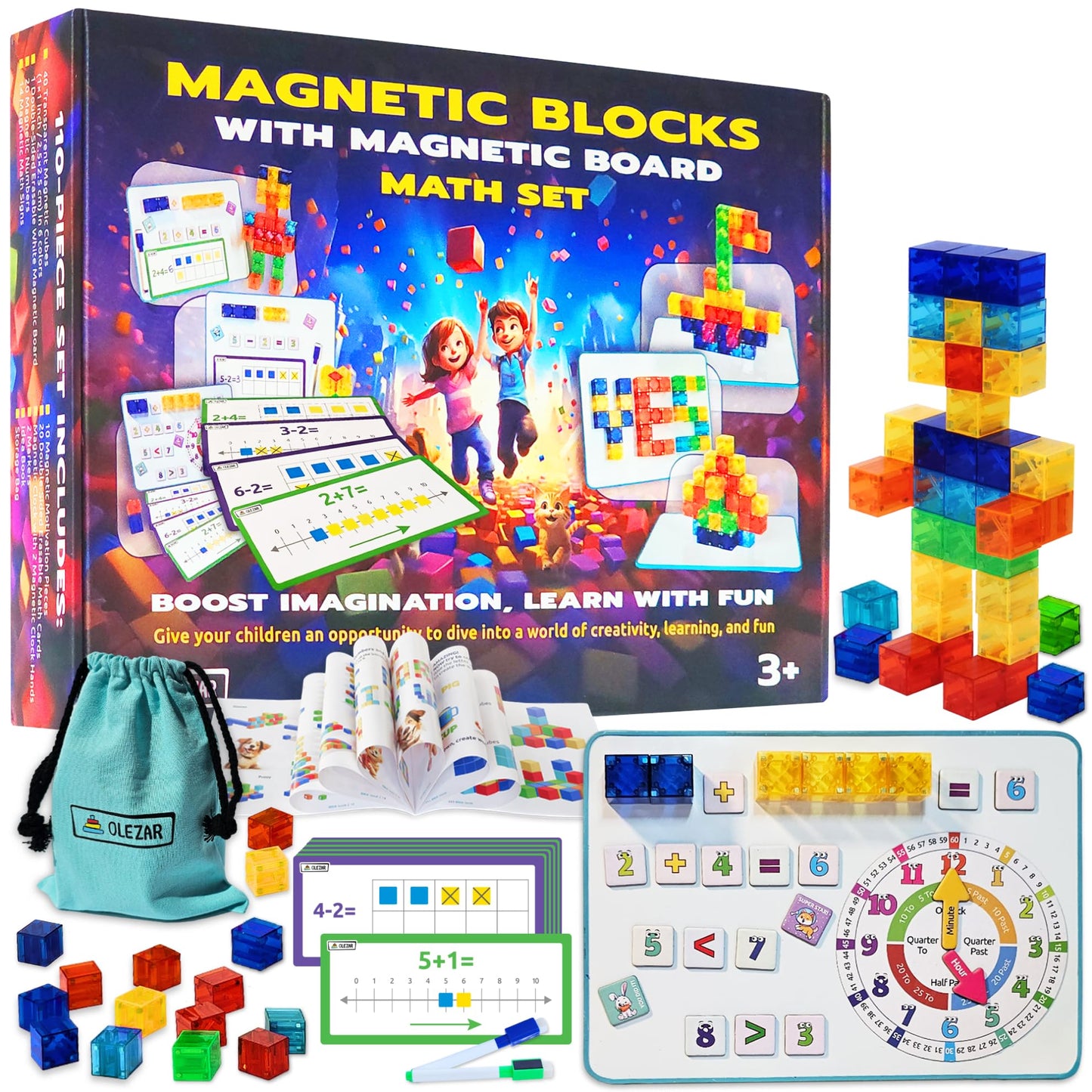 OLEZAR 40pcs Transparent Magnetic Blocks – 1-inch Cubes | 5-in-1 STEM Set with Board & Markers