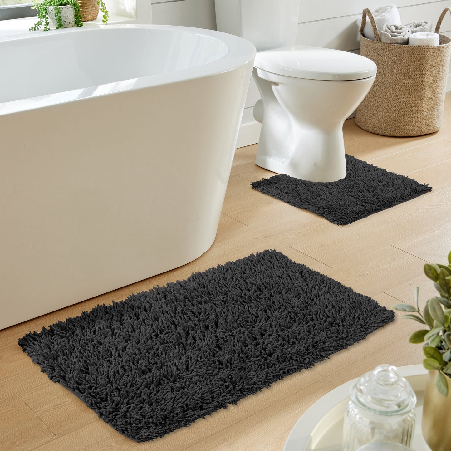 OLIVIA ROCCO Como 2 Piece Black Bath Mat And Pedestal Set Non Slip 100% Cotton Super Soft Easy-Care Home Essential