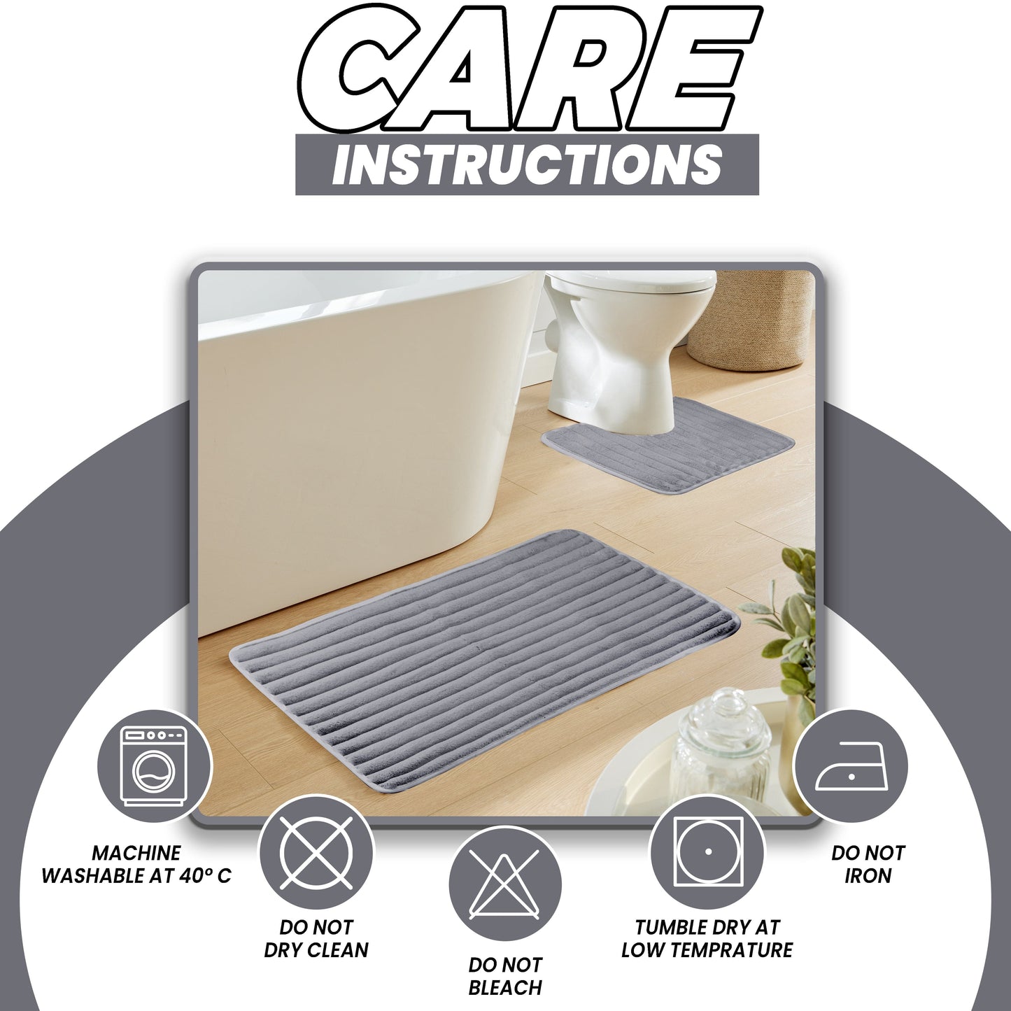 OLIVIA ROCCO 2 Piece Ribbed Bath Mat Set Charcoal Extra Soft Non Slip Super Absorbent
