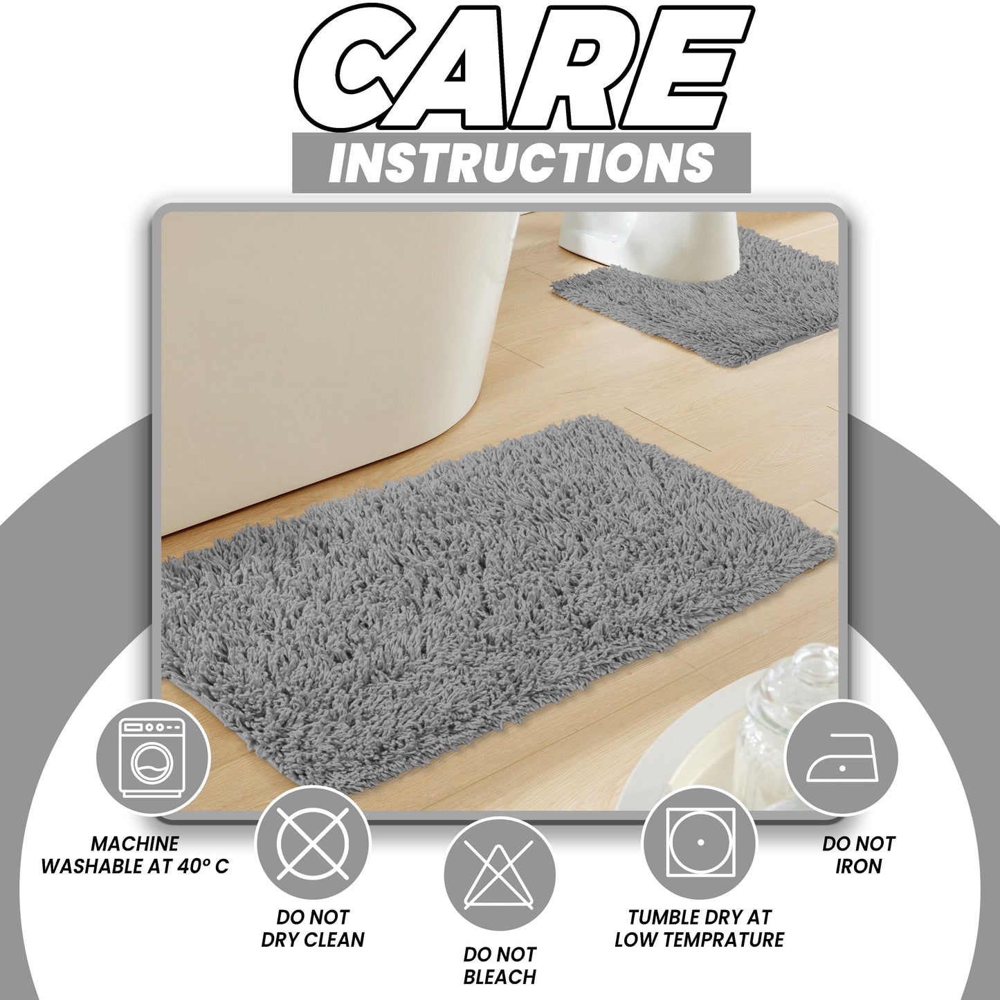 OLIVIA ROCCO Como 2 Piece Grey Bath Mat And Pedestal Set Non-Slip Super Absorbent Cotton Easy-Care Hotel-Quality Textile