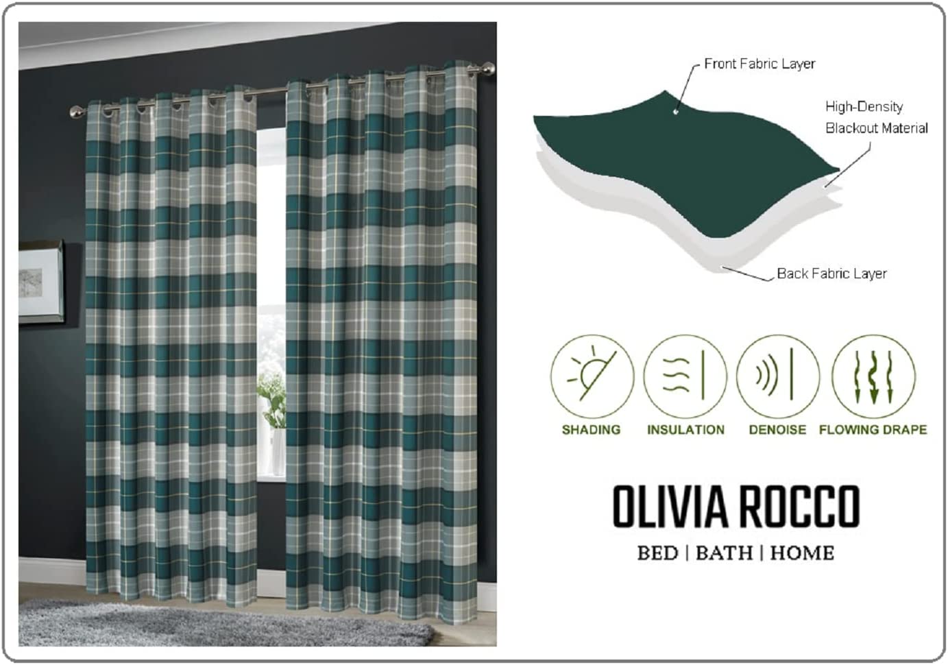 OLIVIA ROCCO Blackout Thermal Curtains Check Marble Design Light Blocking Panels Multiple