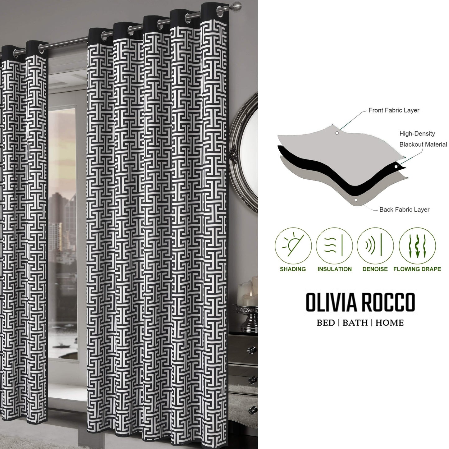 OLIVIA ROCCO Milano Geometric Blackout Curtains Thermal Insulated Eyelet Pair Pencil Pleat
