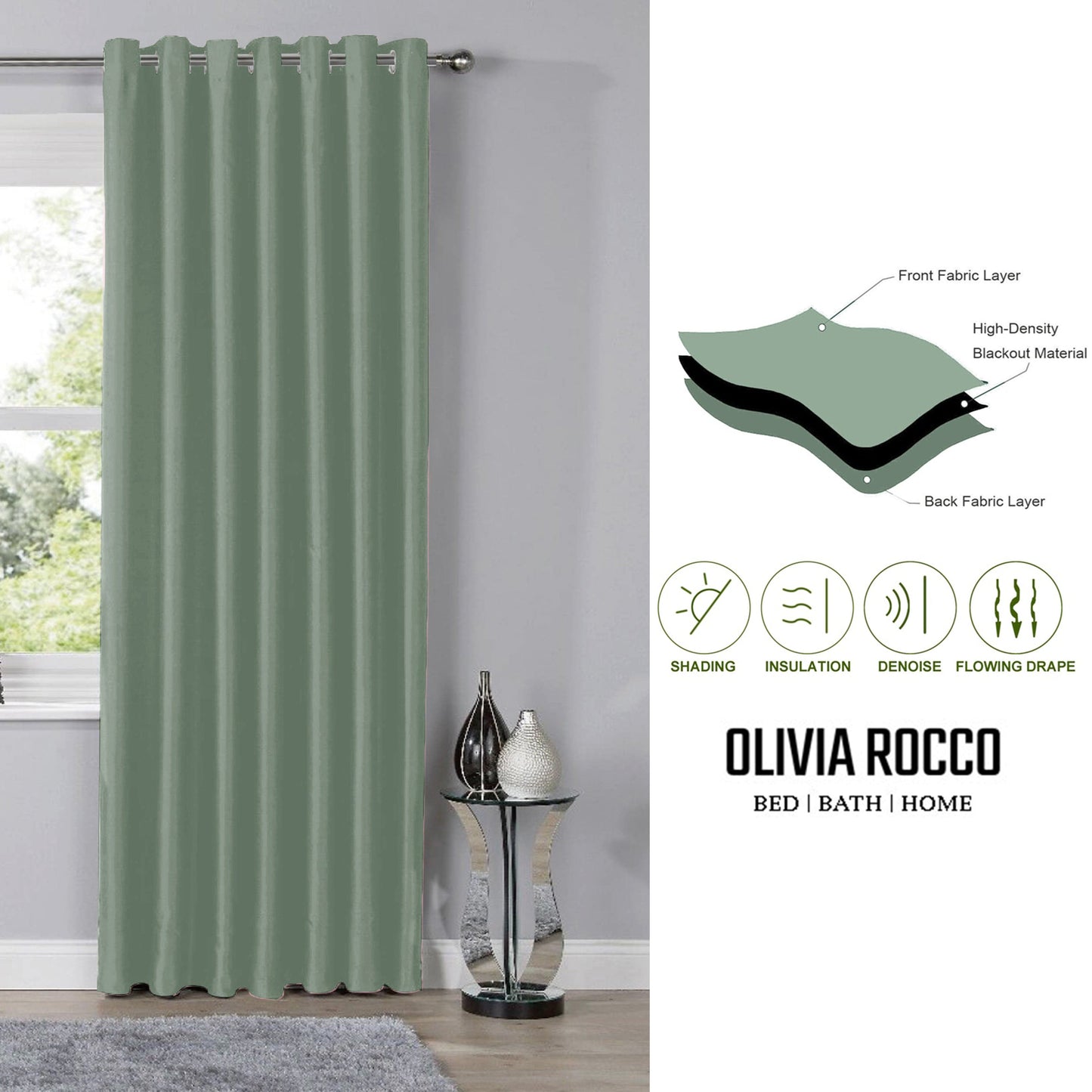 OLIVIA ROCCO Blackout Sage Green Eyelet Curtains Thermal Ring Top Window Treatments