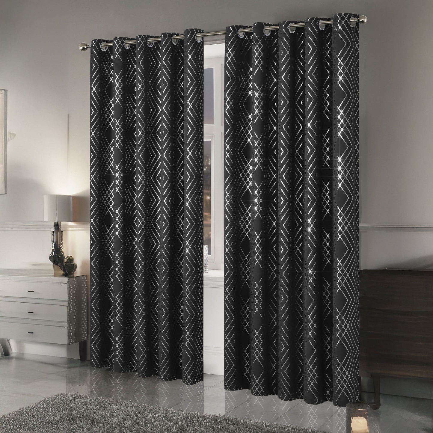 OLIVIA ROCCO Geometric Sparkle Blackout Curtains Black Thermal Insulated Eyelet Ring Top
