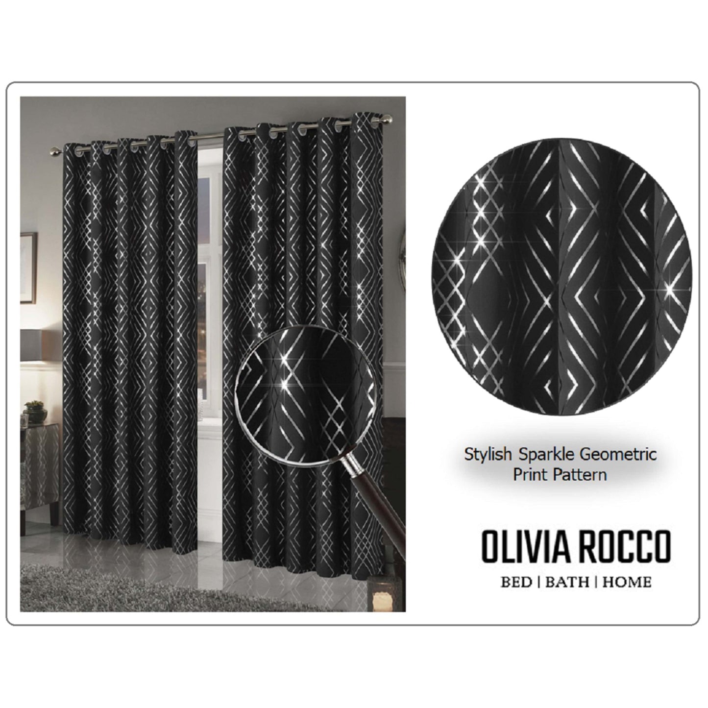 OLIVIA ROCCO Geometric Sparkle Blackout Curtains Black Thermal Insulated Eyelet Ring Top