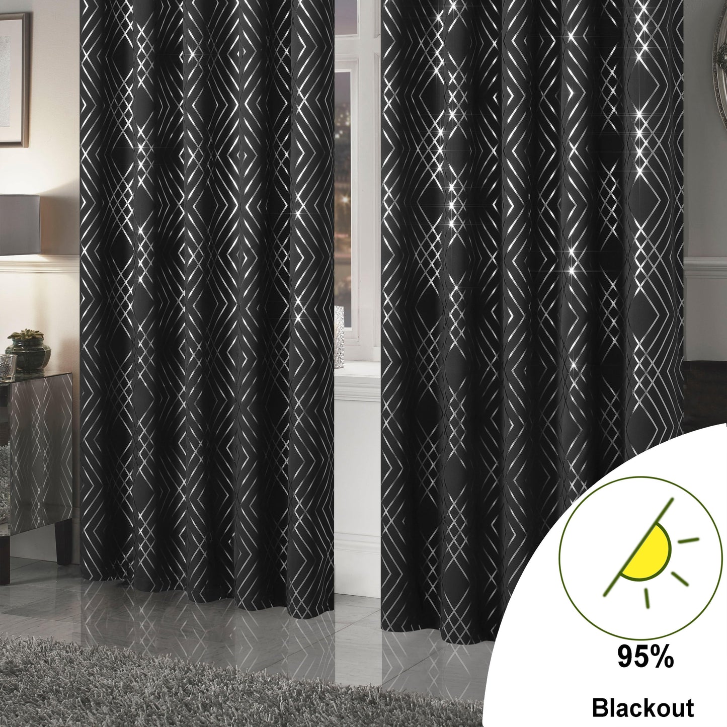 OLIVIA ROCCO Geometric Sparkle Blackout Curtains Black Thermal Insulated Eyelet Ring Top