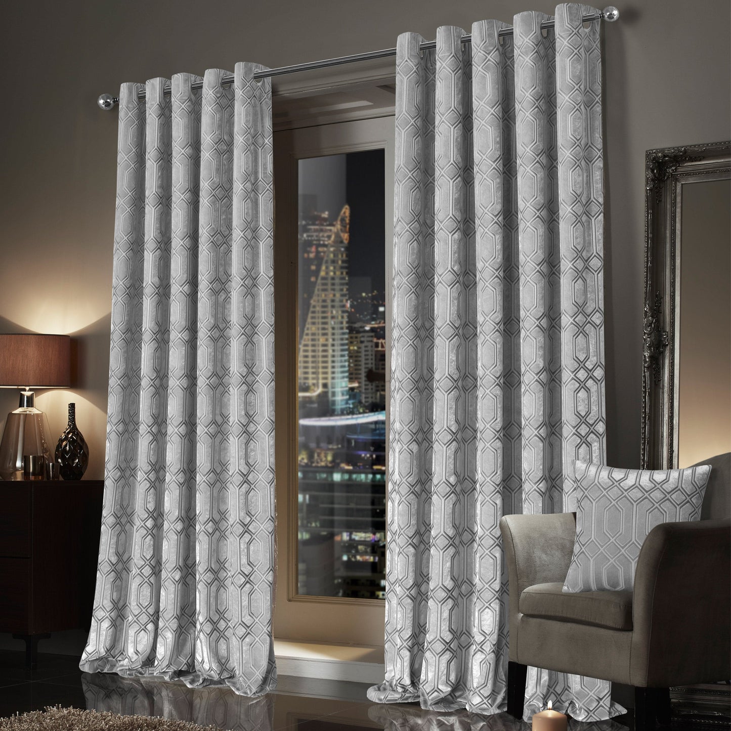 OLIVIA ROCCO Luxe Geo Velvet Eyelet Curtains Grey Thermal Insulated Soundproof Easy-Fit Ready Made Window Pair