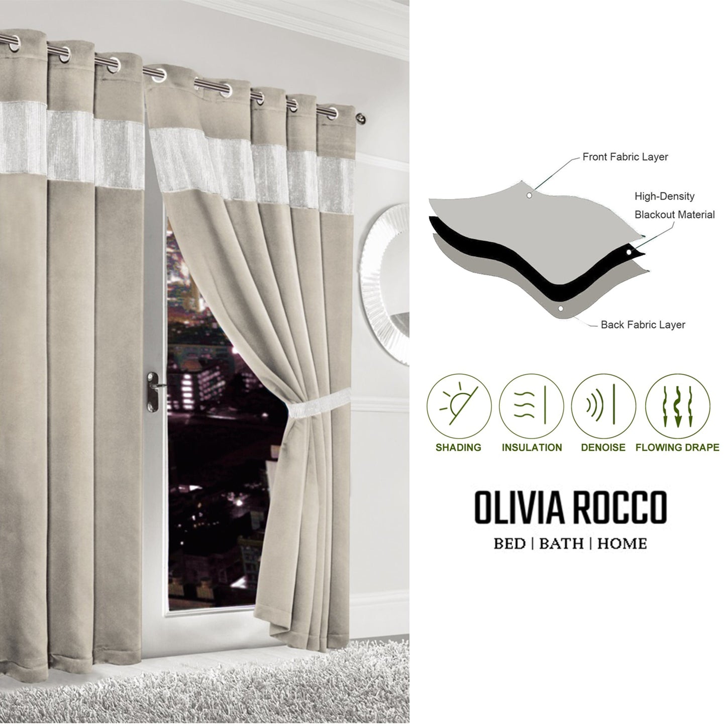 OLIVIA ROCCO Diamante Natural Blackout Eyelet Curtains With Tie Backs Thermal Ring Top