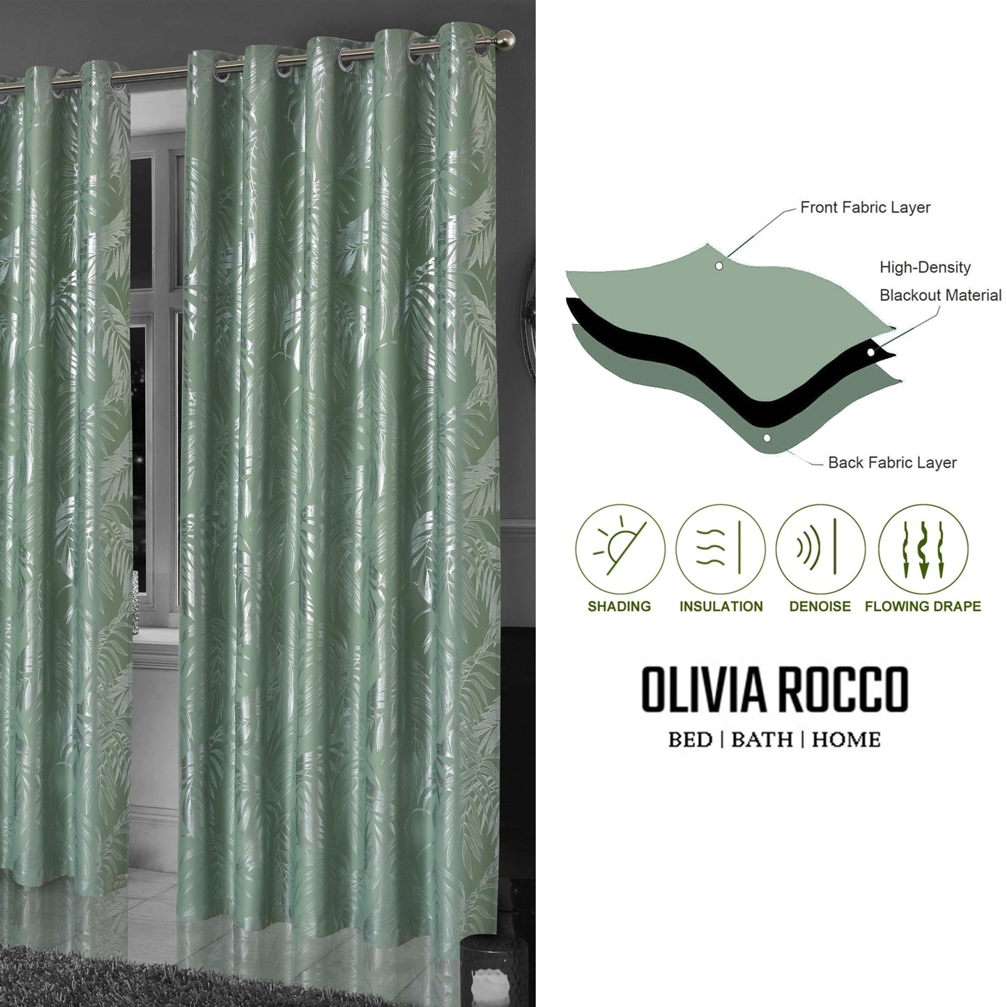 OLIVIA ROCCO Leaf Sage Green Sparkle Blackout Curtains With Thermal Insulation Eyelet