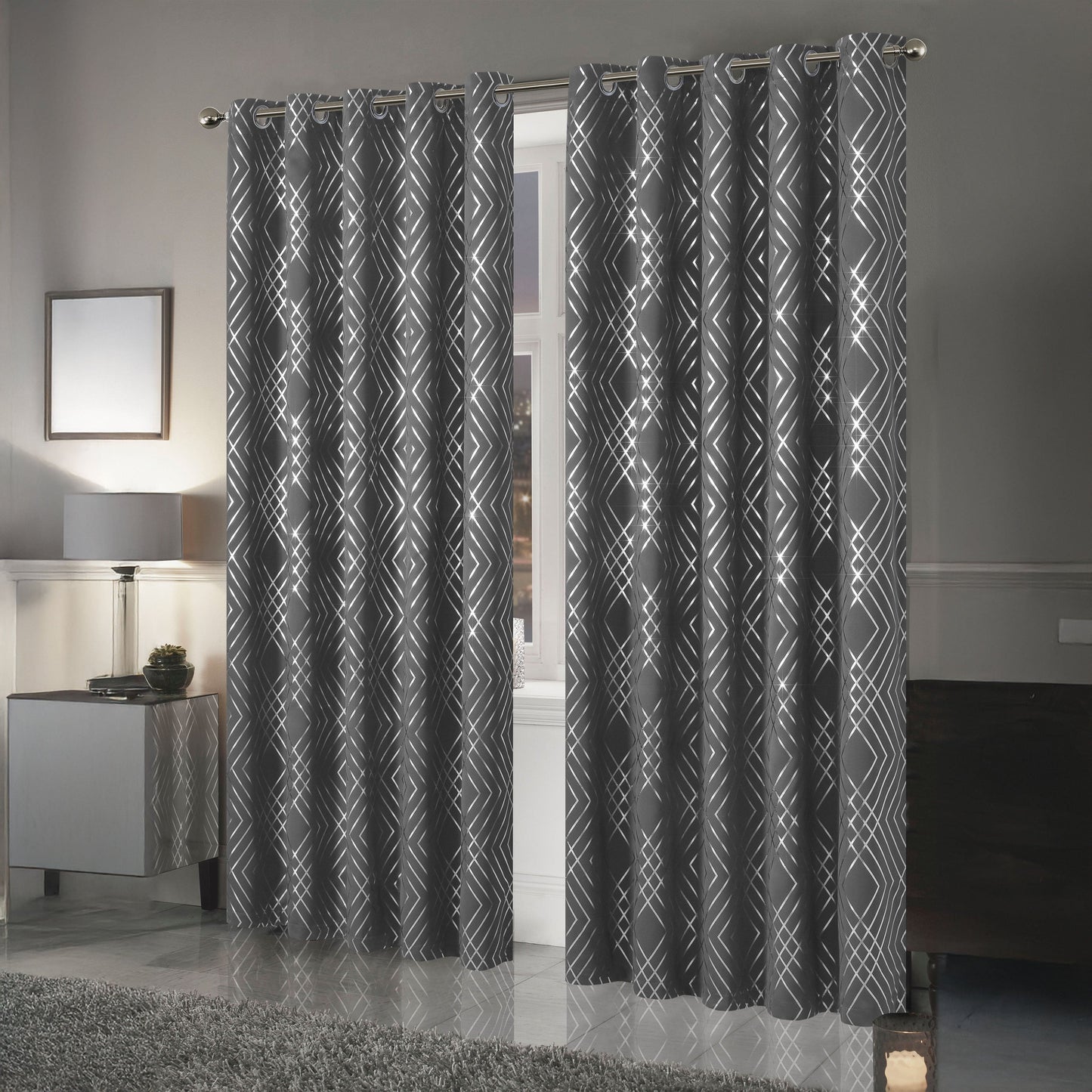 OLIVIA ROCCO Geometric Sparkle Blackout Curtains Silver Eyelet Ring Top Soft Thermal
