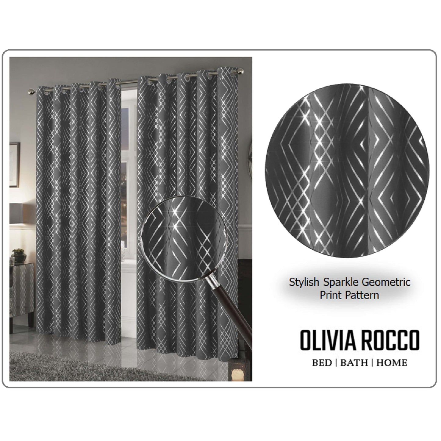 OLIVIA ROCCO Geometric Sparkle Blackout Curtains Silver Eyelet Ring Top Soft Thermal