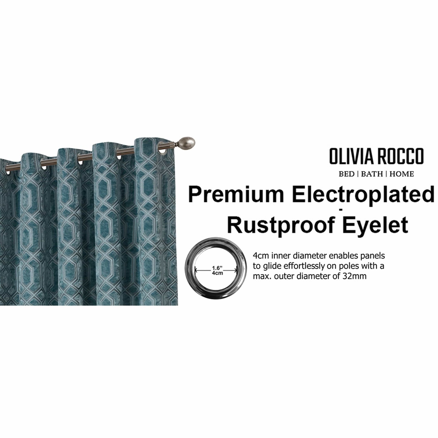 OLIVIA ROCCO Luxe Geo Velvet Eyelet Curtains Teal Thermal Insulated Soundproof Ready Made Hotel-Style Pair