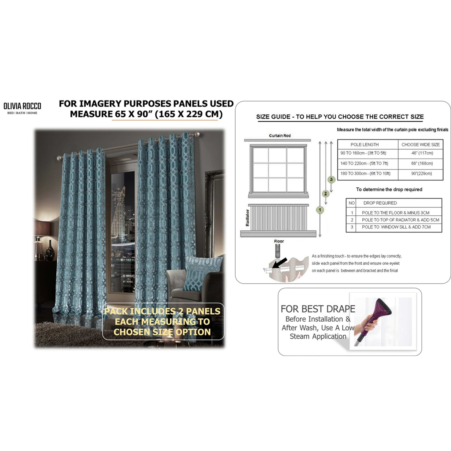 OLIVIA ROCCO Luxe Geo Velvet Eyelet Curtains Teal Thermal Insulated Soundproof Ready Made Hotel-Style Pair