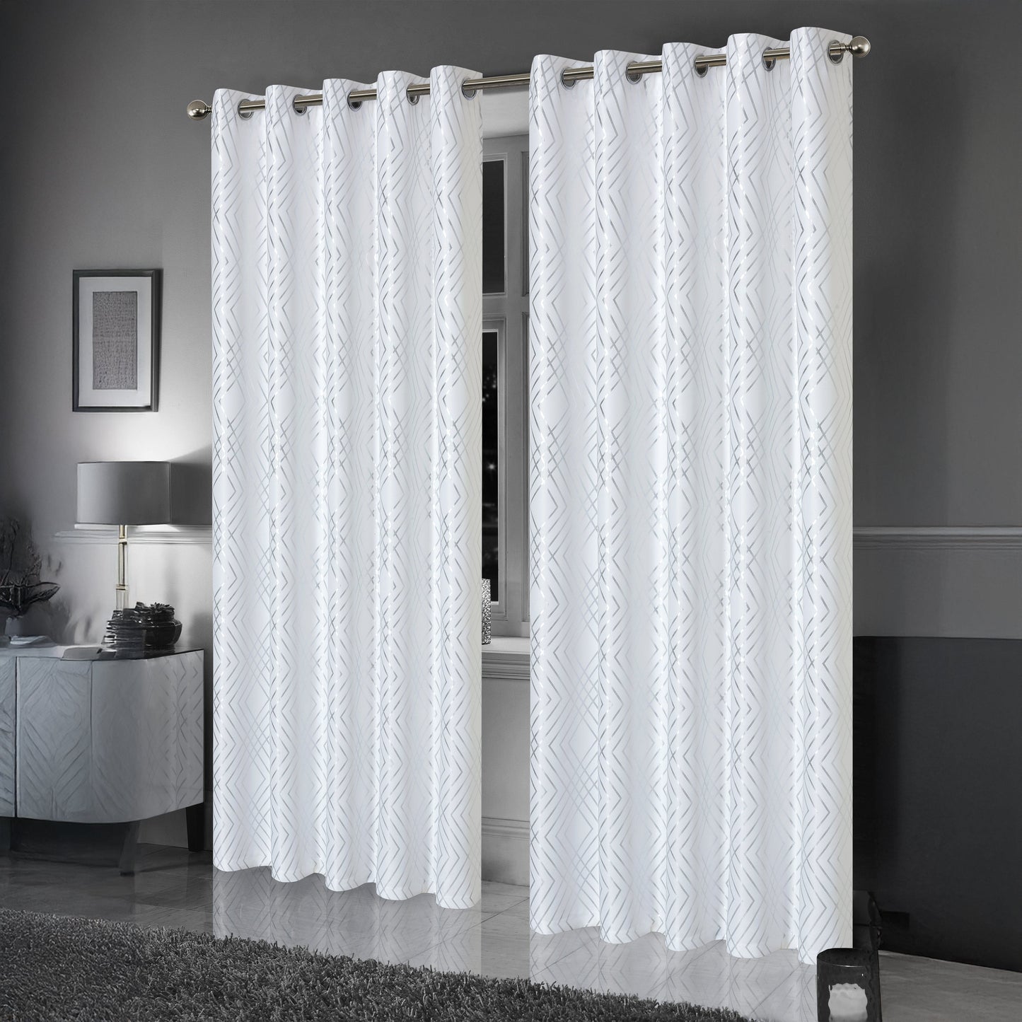 OLIVIA ROCCO Geometric White Sparkle Blackout Curtains Soft Thermal Insulated Drapes