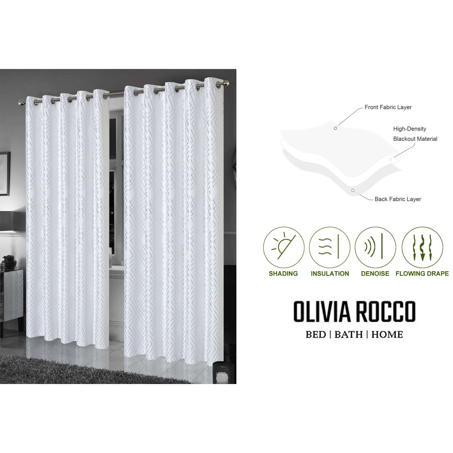 OLIVIA ROCCO Geometric White Sparkle Blackout Curtains Soft Thermal Insulated Drapes