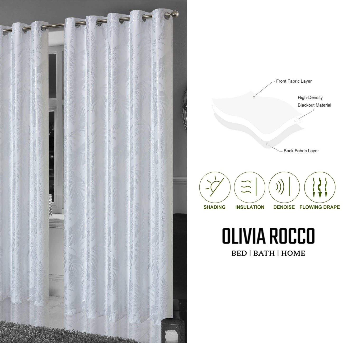 OLIVIA ROCCO Leaf White Sparkle Blackout Curtains Super Soft Fabric Thermal Insulated