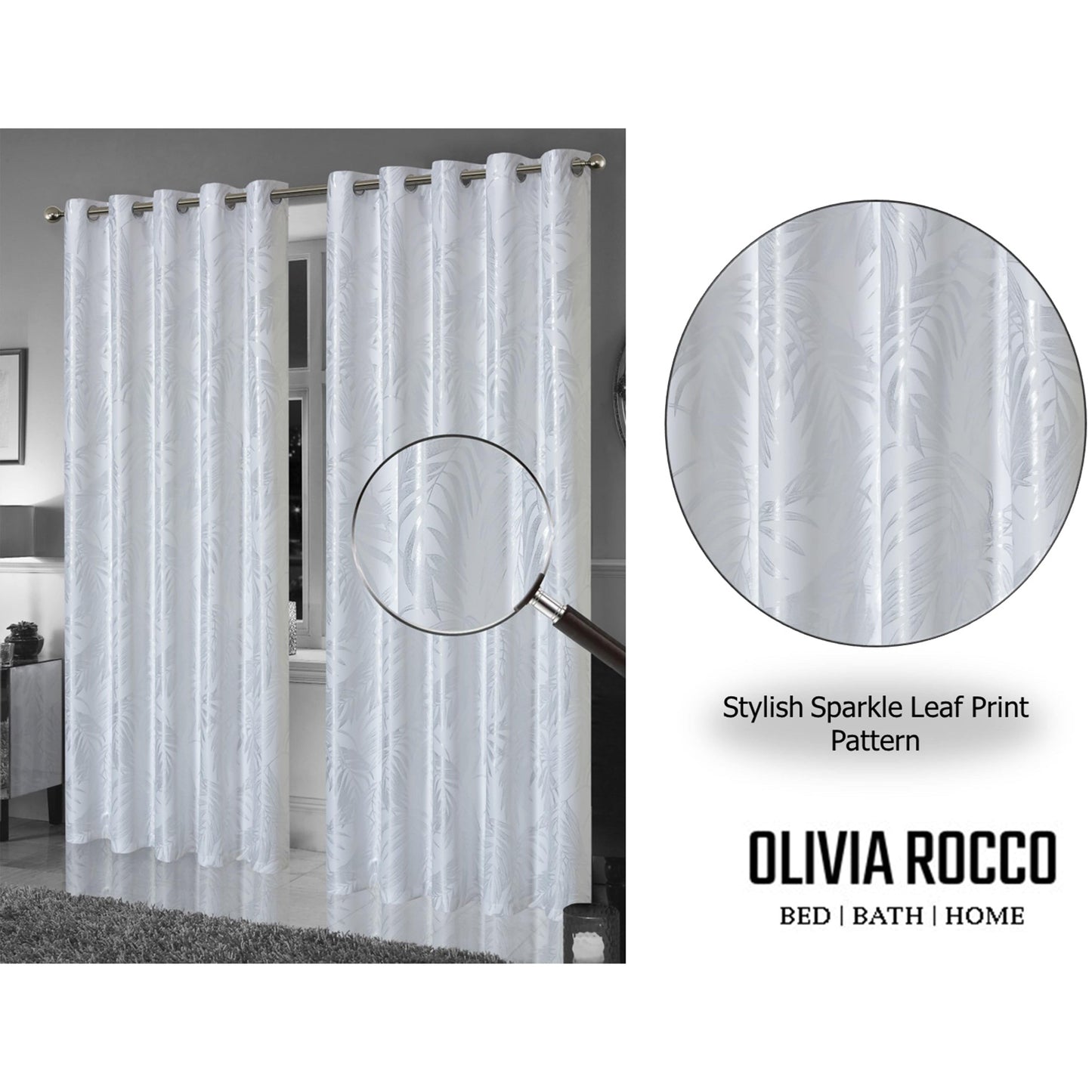 OLIVIA ROCCO Leaf White Sparkle Blackout Curtains Super Soft Fabric Thermal Insulated