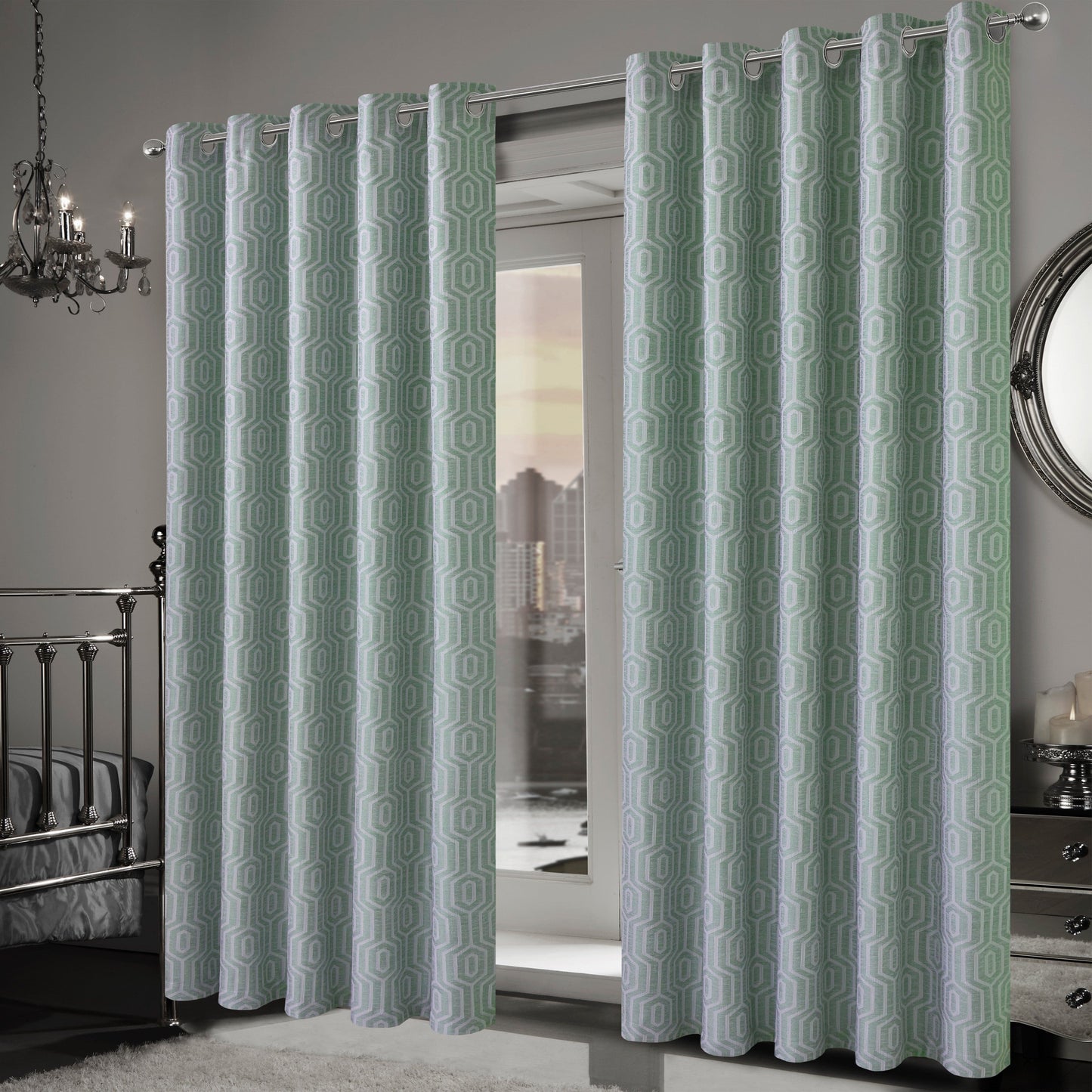 OLIVIA ROCCO Paris Eyelet Jacquard Curtains Sage Green Geometric Pattern Thermal