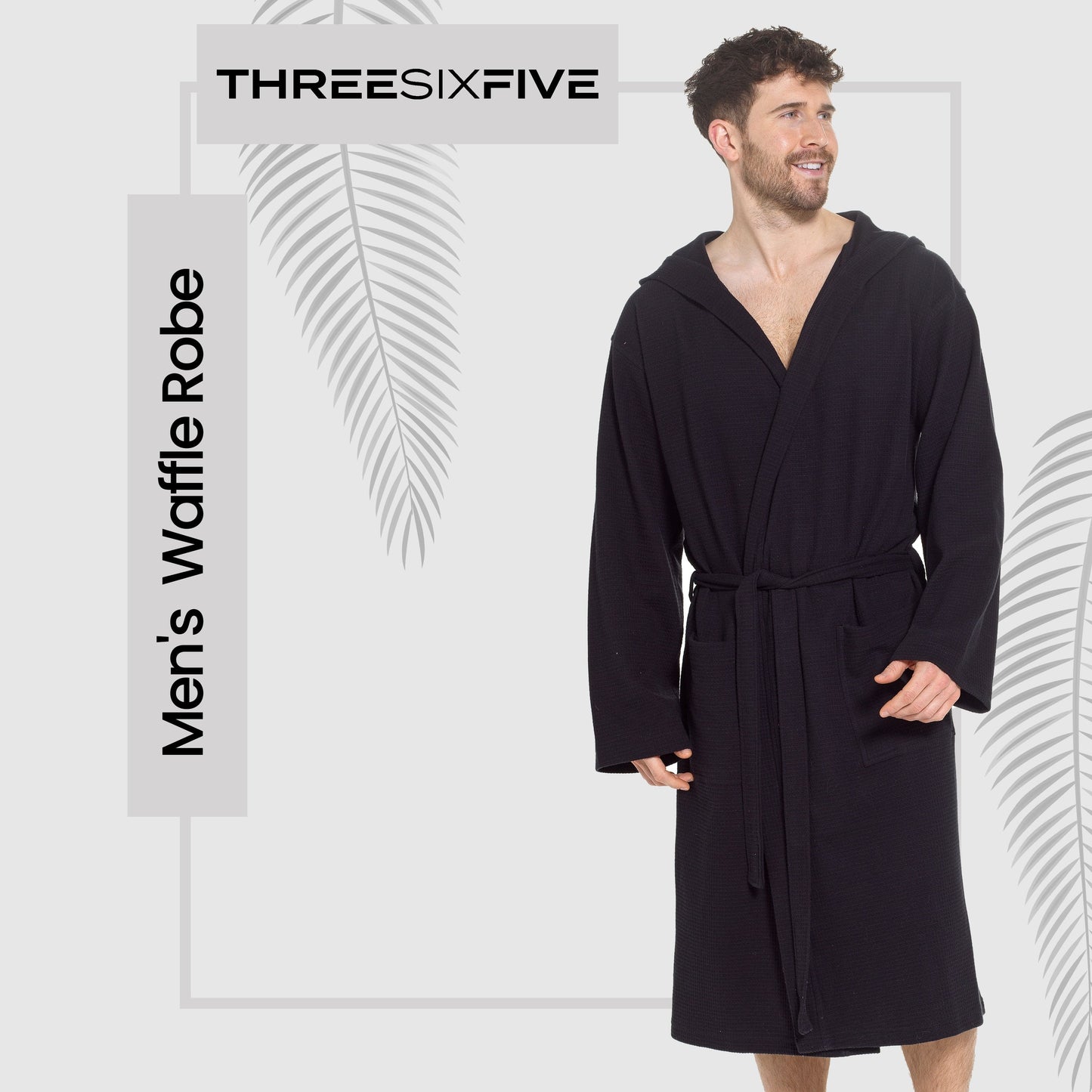 OLIVIA ROCCO Men's Hooded Waffle Cotton Bathrobe Black Super Absorbent Spa Robe Cosy Easy-Care Nightwear Set