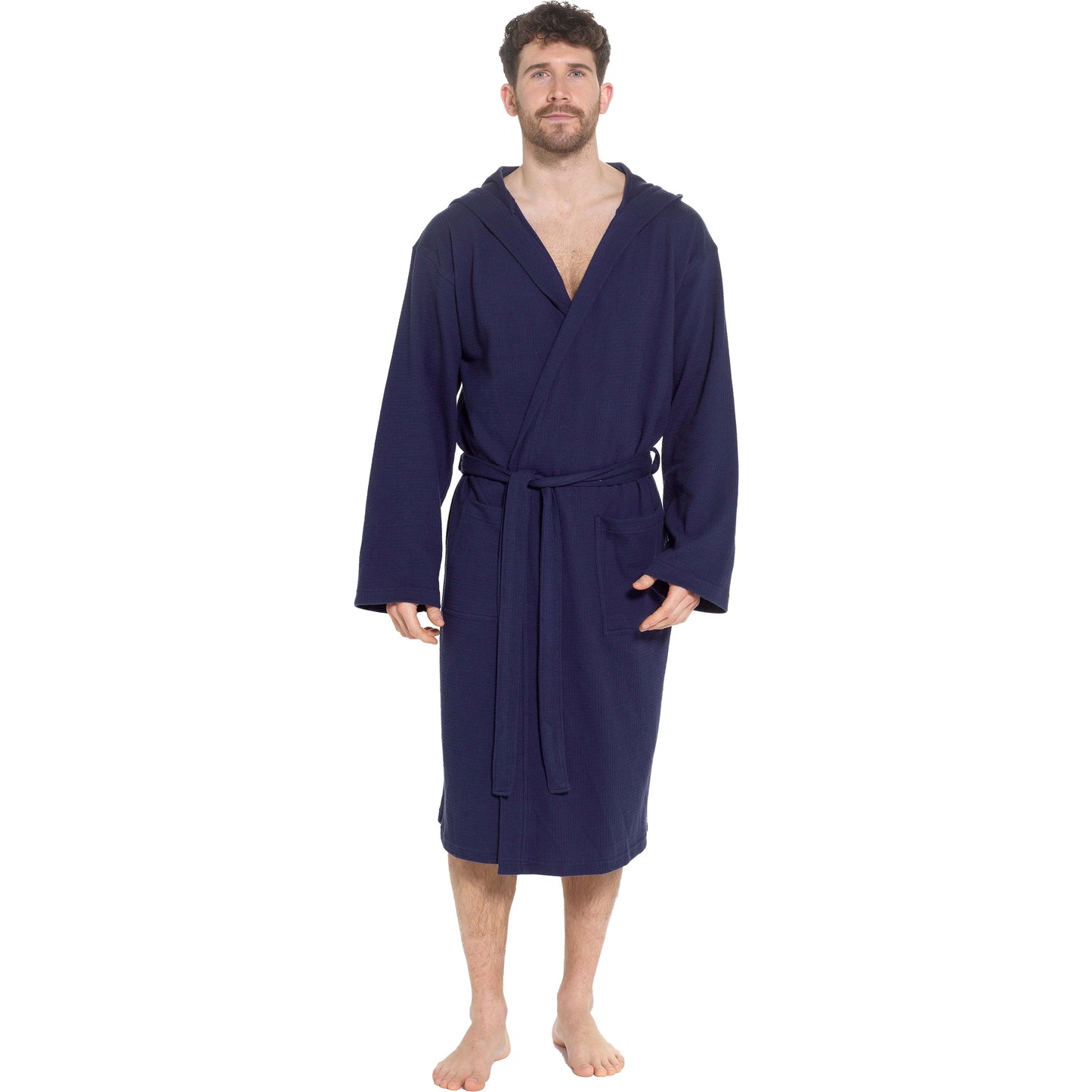 OLIVIA ROCCO Men's Hooded Waffle Cotton Bathrobe Navy Super Absorbent Cosy Easy-Care Nightwear Set