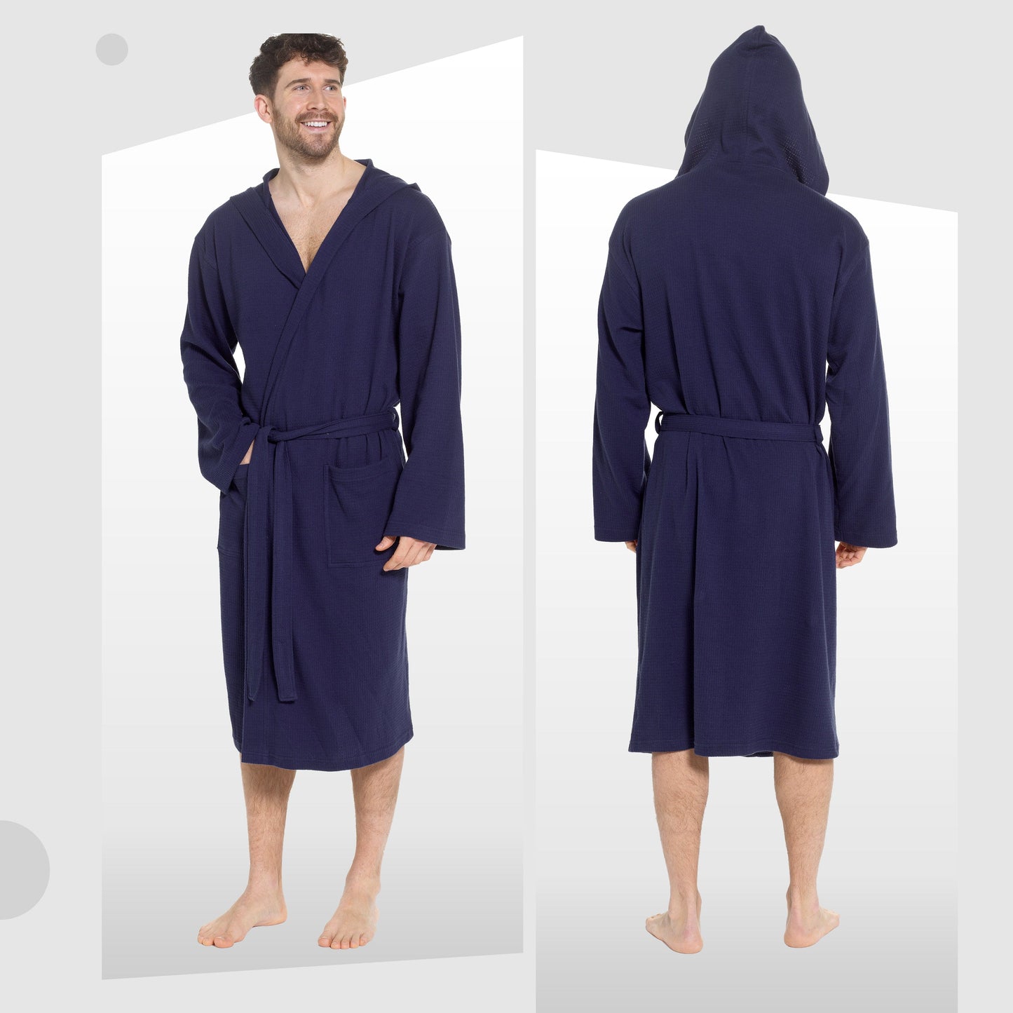 OLIVIA ROCCO Men's Hooded Waffle Cotton Bathrobe Navy Super Absorbent Cosy Easy-Care Nightwear Set