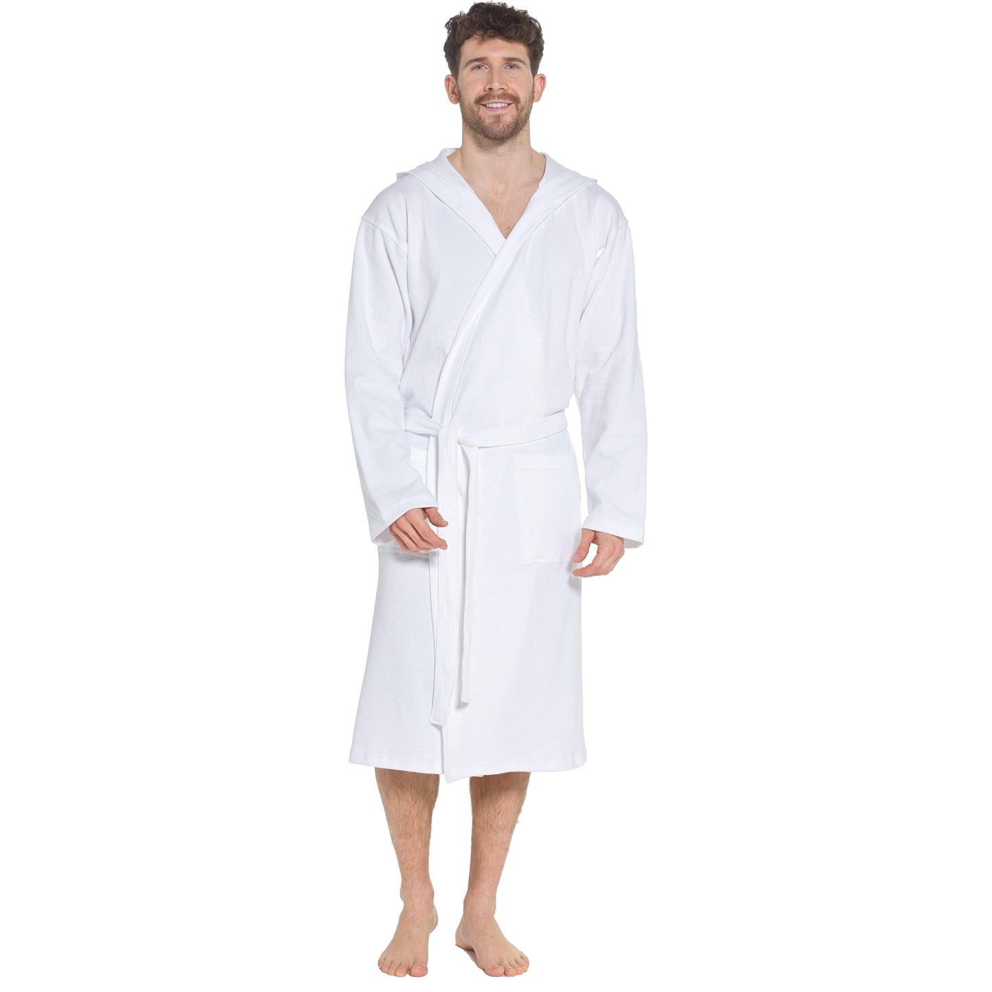 OLIVIA ROCCO Men's Hooded Waffle Cotton Bathrobe White Super Absorbent Spa Robe Cosy Easy-Care Nightwear Set