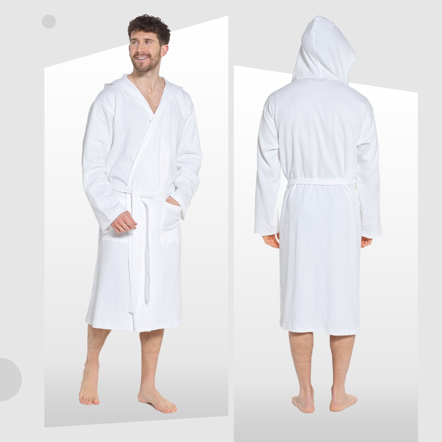 OLIVIA ROCCO Men's Hooded Waffle Cotton Bathrobe White Super Absorbent Spa Robe Cosy Easy-Care Nightwear Set