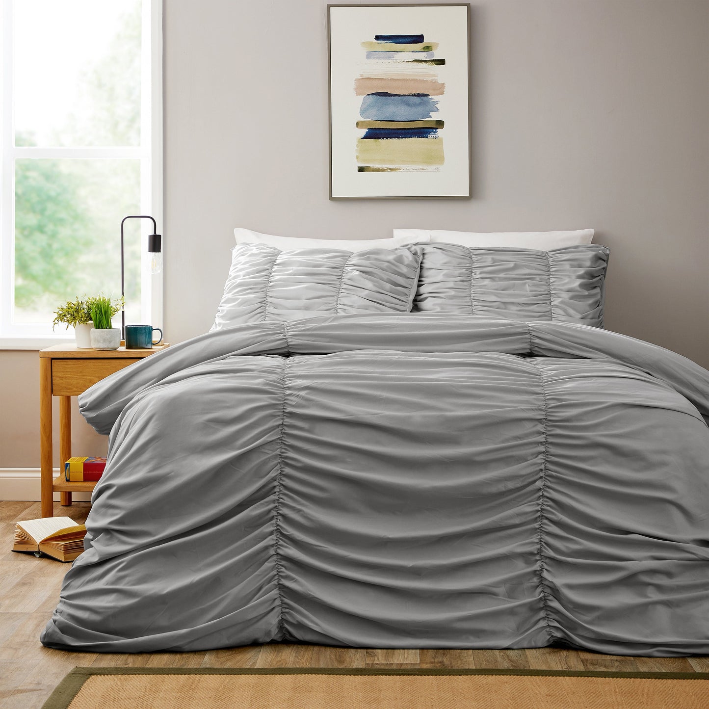 OLIVIA ROCCO Textured Pintuck Ruffles Pleated Microfibre Duvet Cover Set With Pillowcases